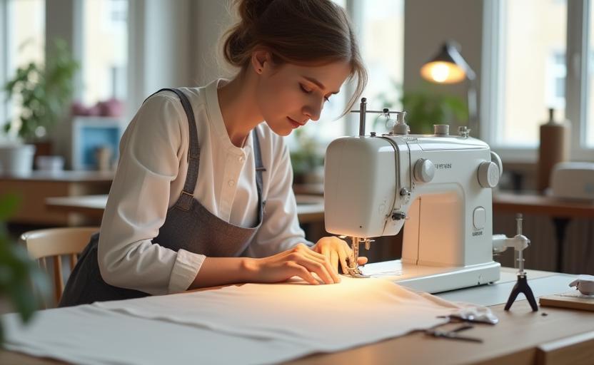 Artisan meticulously sewing fabric in a bright, modern studio