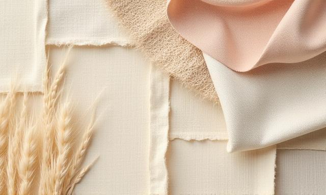 Close-up of various natural, eco-friendly fabrics and textile swatches, representing sustainable materials.